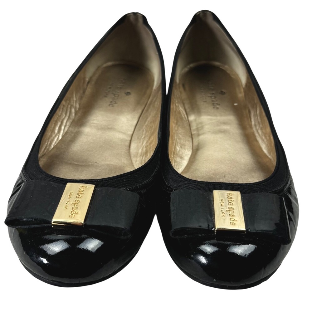 Kate Spade Ballet Flats Womens 8.5M Black Patent Leather Bow Gold Logo Designer - Picture 3 of 15
